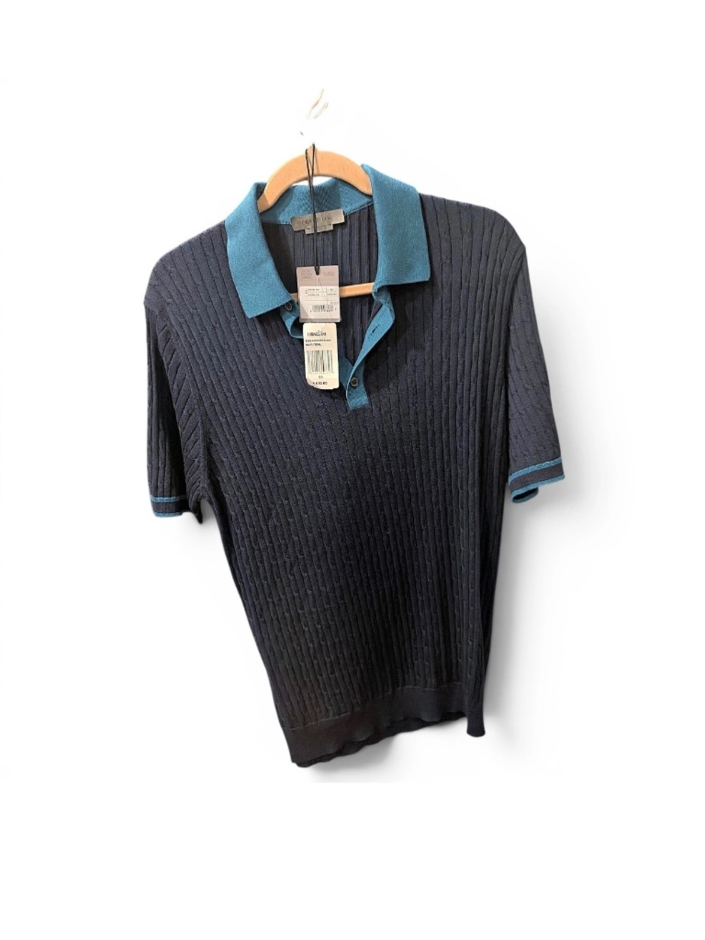 Corneliani navy shirt with teal collar and ribbed knit
